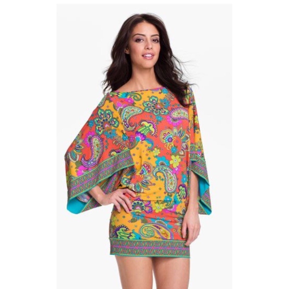 Trina Turk Brightly Colored Jersey Mini Dress Tunic Top S Paisley Kimono Sleeve